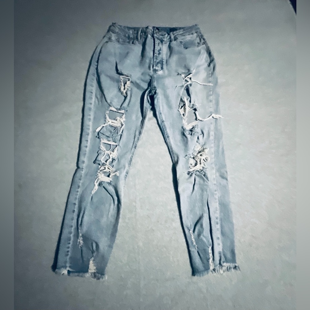 I&M Black Label Extreme Distressed Jeans Light Wash Raw Hem Button Fly Rockstar